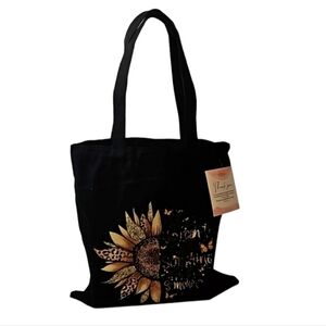 Hand Crafted Black Canvas Bag Sunflower Iron-on Vinyl transfer 13" x13" Handmade